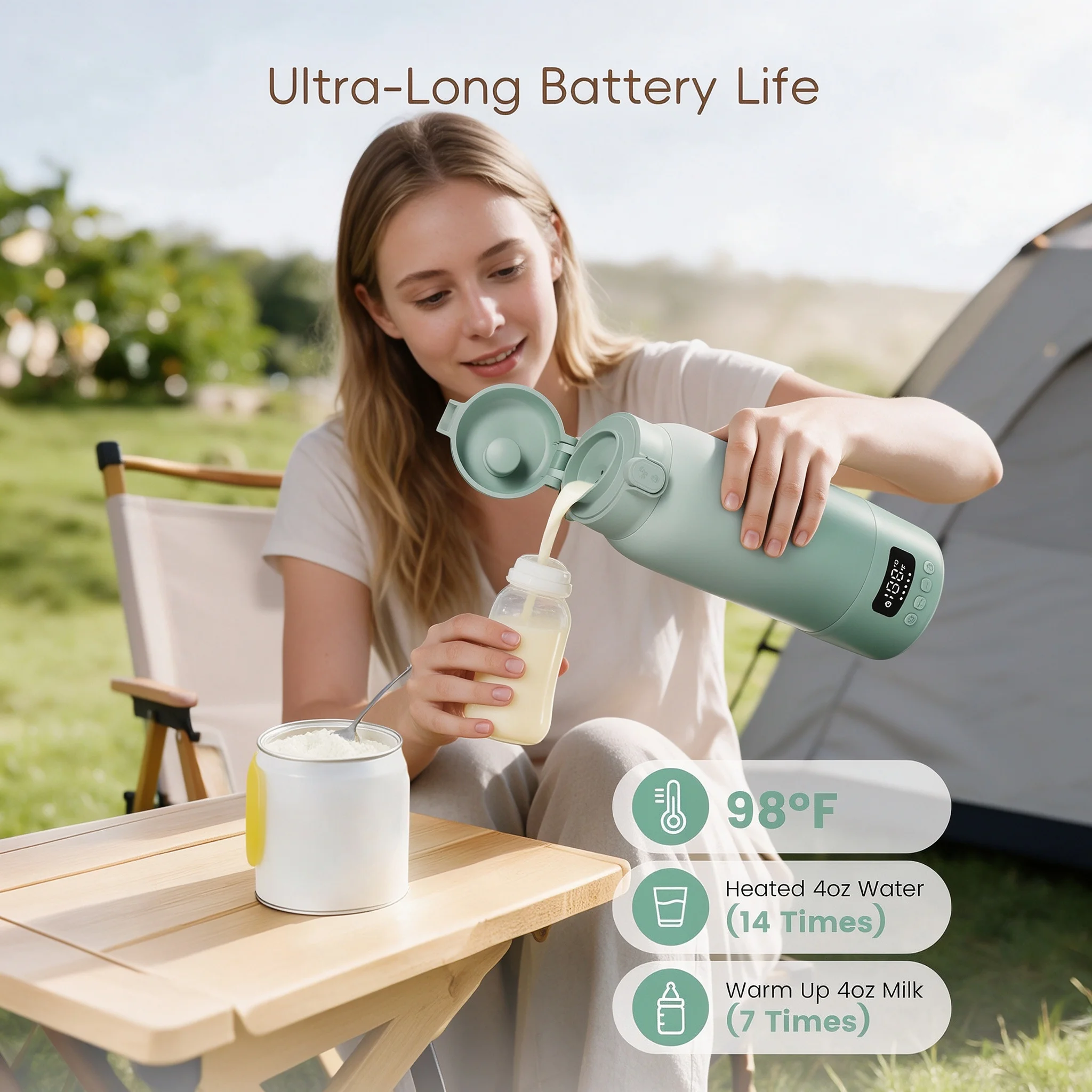 Cordless Portable Bottle Warmer 500ml Rechargeable Travel Milk Warmer for Baby Breastmilk Formula, Digital Temperature Display,