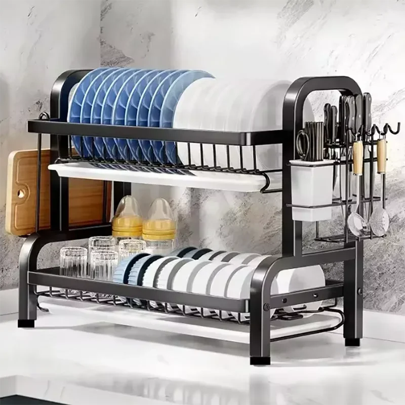 2024 New Dish Drying Rack 2-Tier Compact Kitchen Dish Rack Drainboard Set Large Rust-Proof Dish Drainer with Utensil Holder