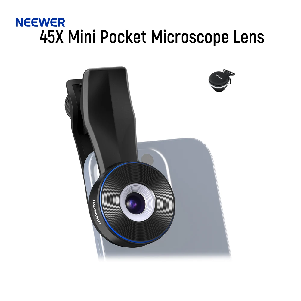 

NEEWER 45X Mini Pocket Microscope Lens with 17mm Thread Phone Lens Clip, 2 Brightness LED Light Compatible with iPhone Samsung