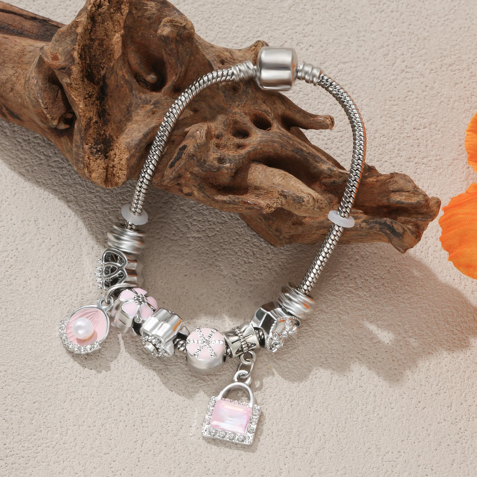 

Silver Tone Charm Bracelet with Pink Shell and Lock Pendant for Women