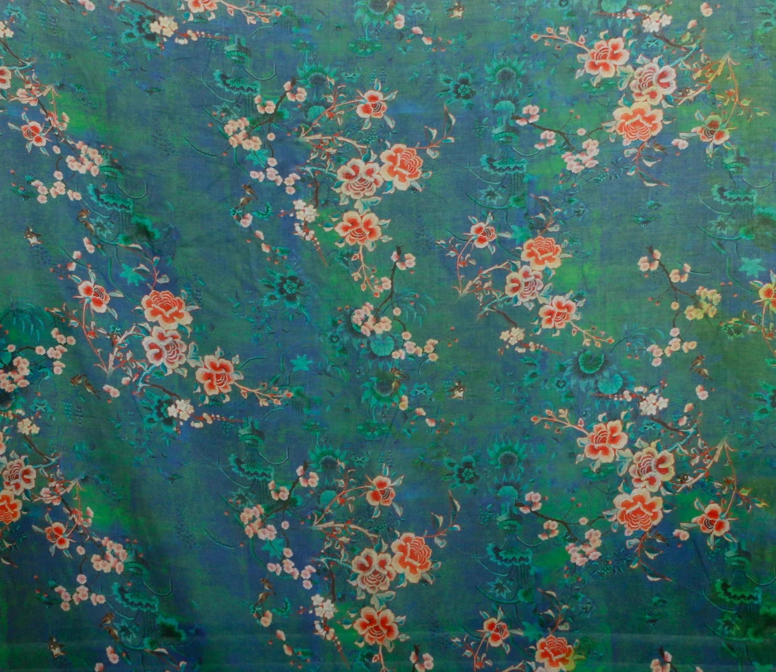 1yard Green background with red flowers tela high quality pure ramie fabric dress shirt bag cheongsam fabric for clothing