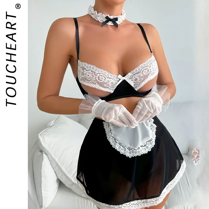 Toucheart Sexy Uniform Suit Maid Cosplay Sexiest Costume Lace Crotchless Skirt Women Doll Desire Maids Perspective Sex Uniform