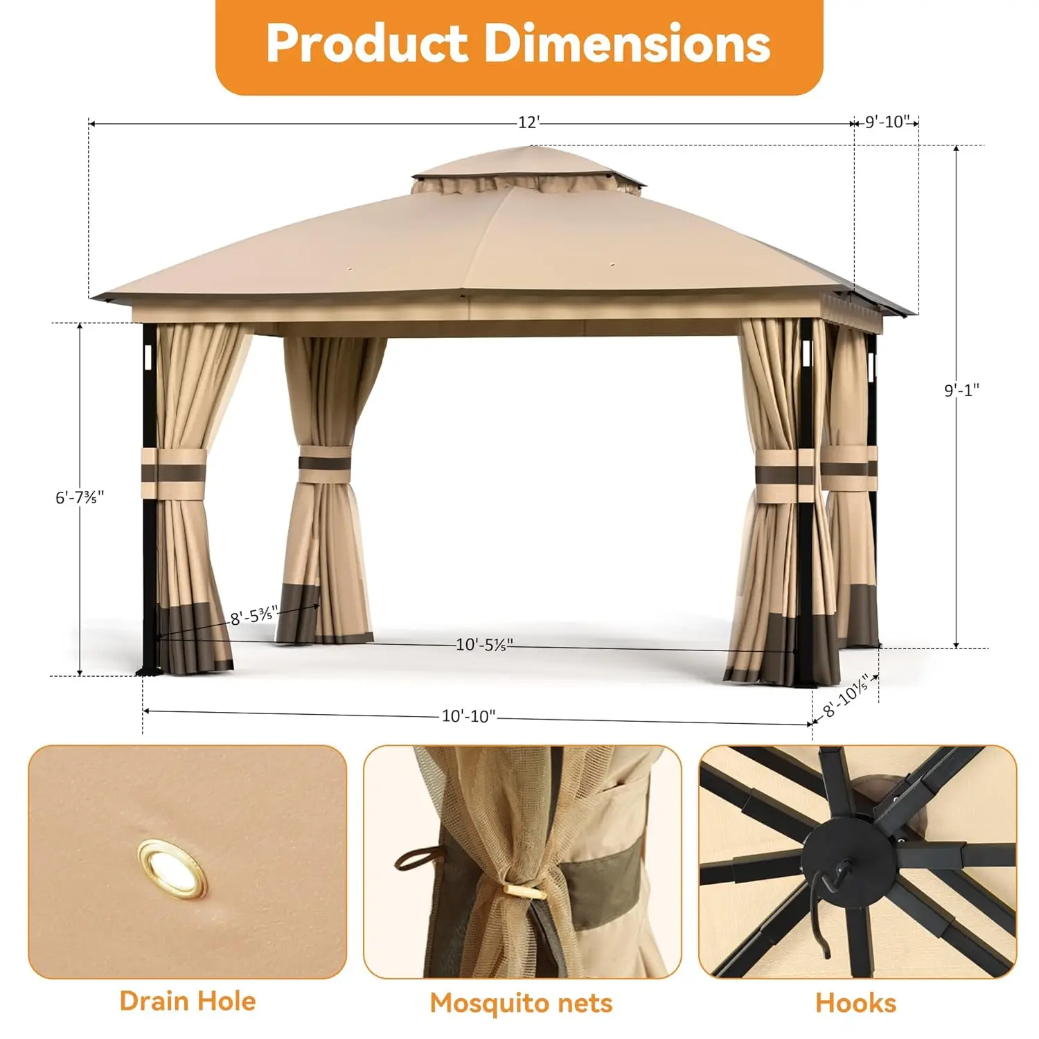 Patio Gazebo 10'x12' with LED Lights & Bluetooth Speaker, Heavy Duty Outdoor Canopy Shelter with Metal Frame, Customized