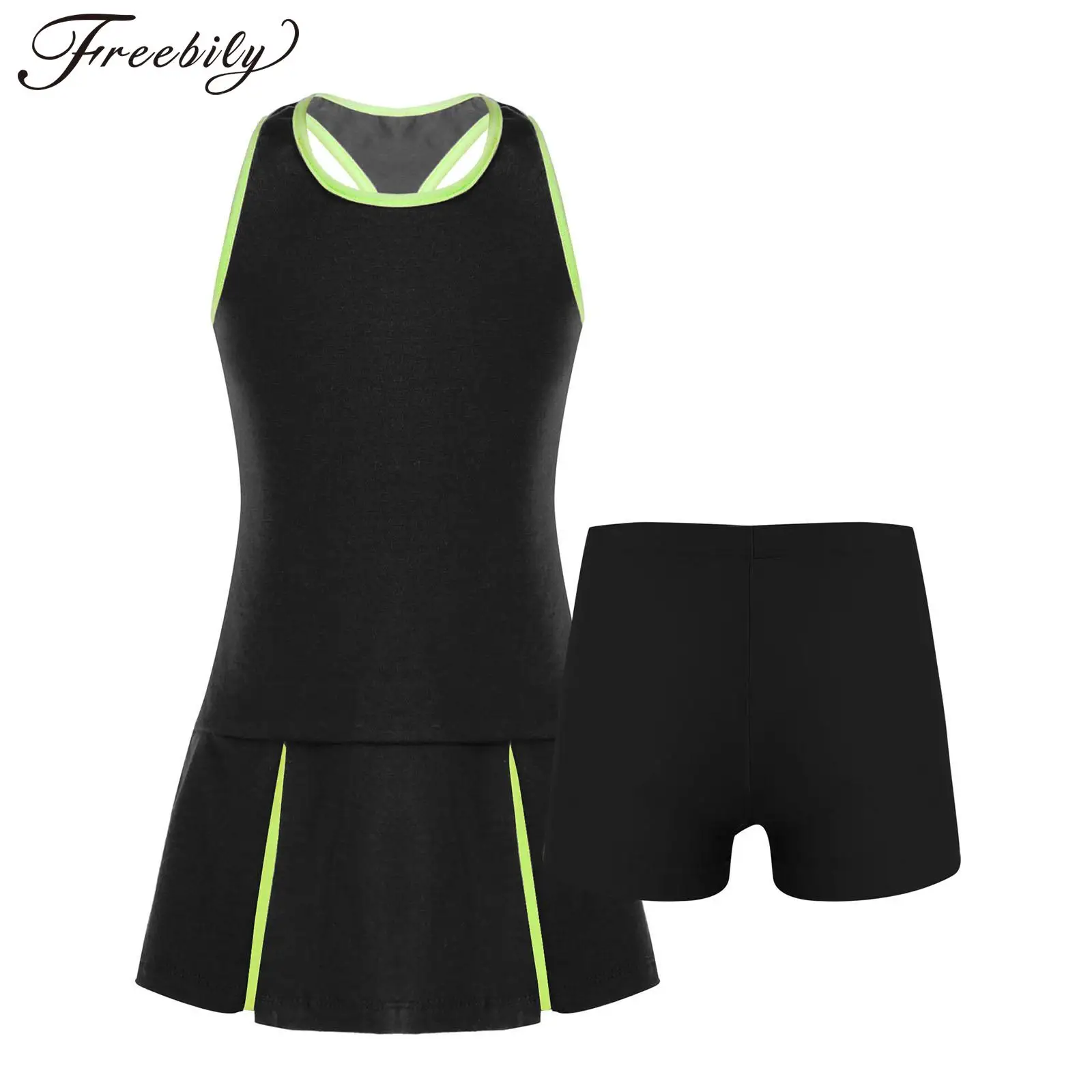 2Pcs Kids Girls Summer Sport Suits Sleeveless Sport Dress and Shorts Sets Sportswear for Running Gym Exercise Tennis Badminton