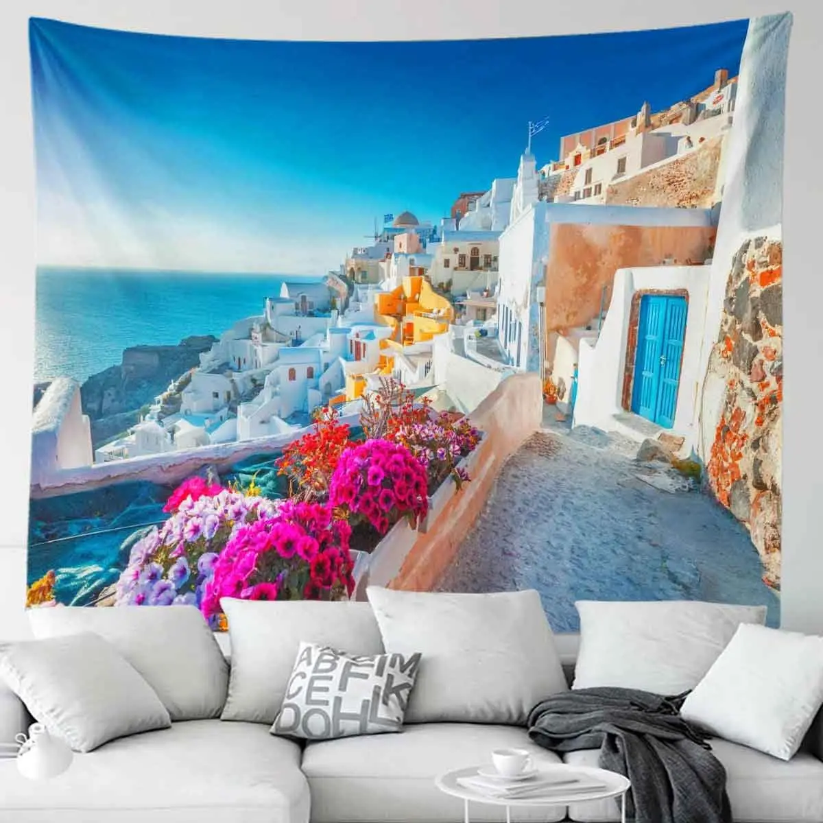 Tapiz de pared de Santorini Grecia, tapiz de paisaje marino del Egeo, arquitectura blanca, flor mediterránea, dormitorio de estudiantes para niños