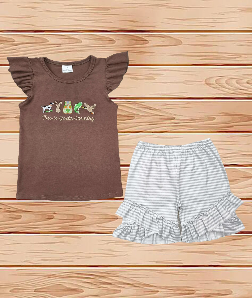 

4.18 Wholesale Western Boutique children clothing Embroidery Baby Girls Brown Gods Country Top Ruffle Stripe Shorts Sets