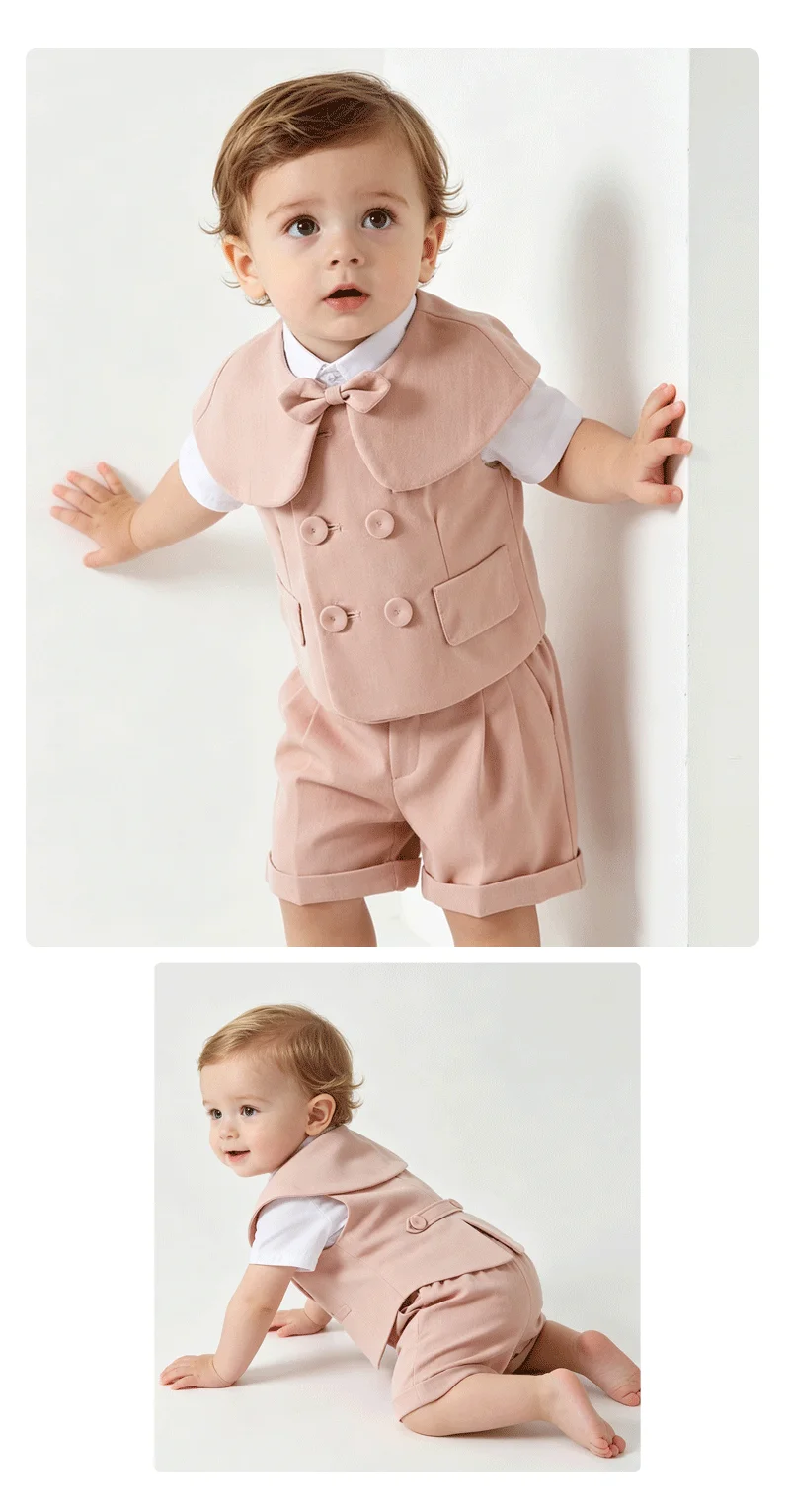 Kinder Jungen Rosa Weste Shorts Anzug 3-teilig mit Fliege Kleinkind Hochzeit Trauzeuge Geburtstag Taufe Fotografie Auftritt Formelles Kostüm – Detail 1