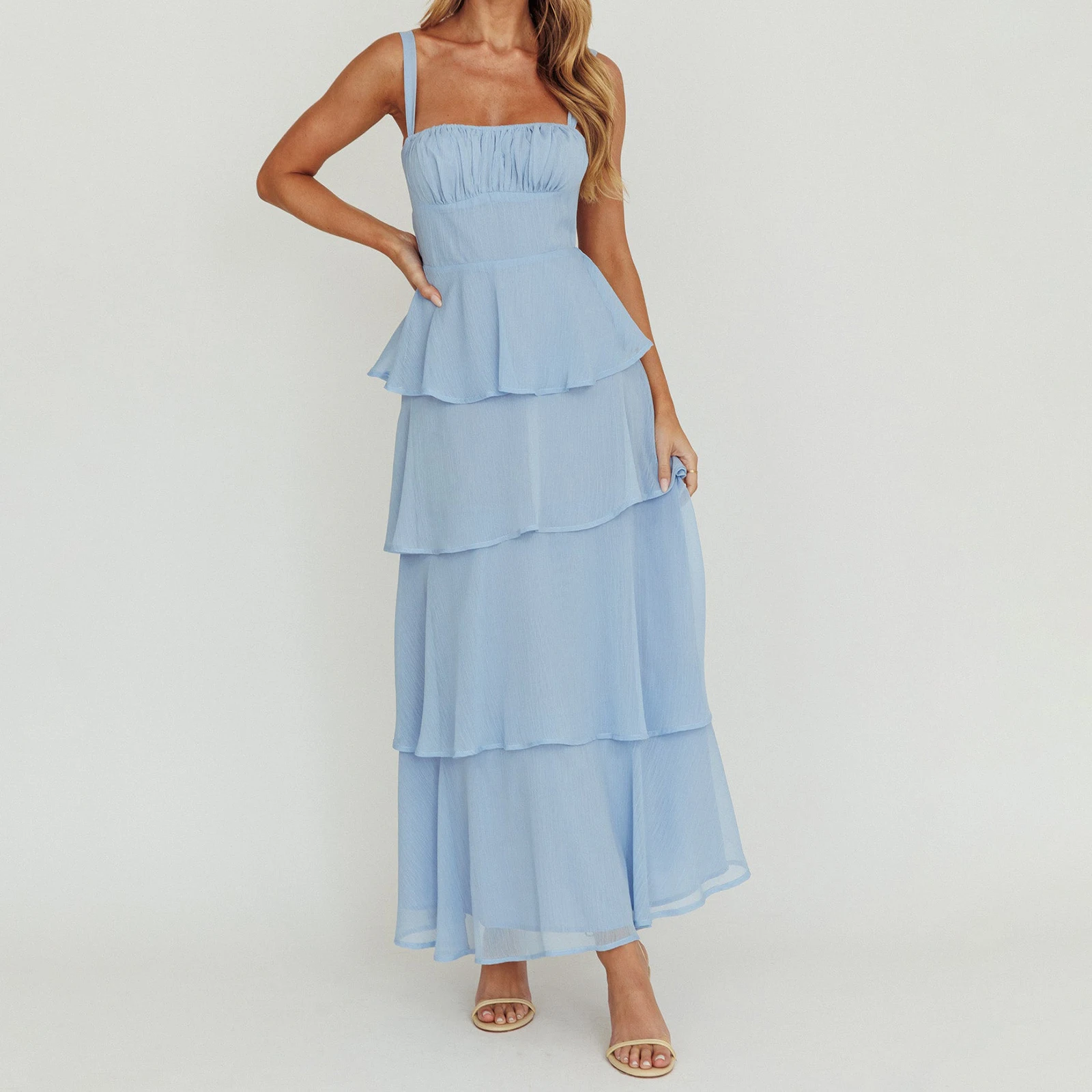Abito estivo da donna elegante a strati lungo Cami tinta unita senza maniche con cinturino per spaghetti busto smock abito da torta sottile