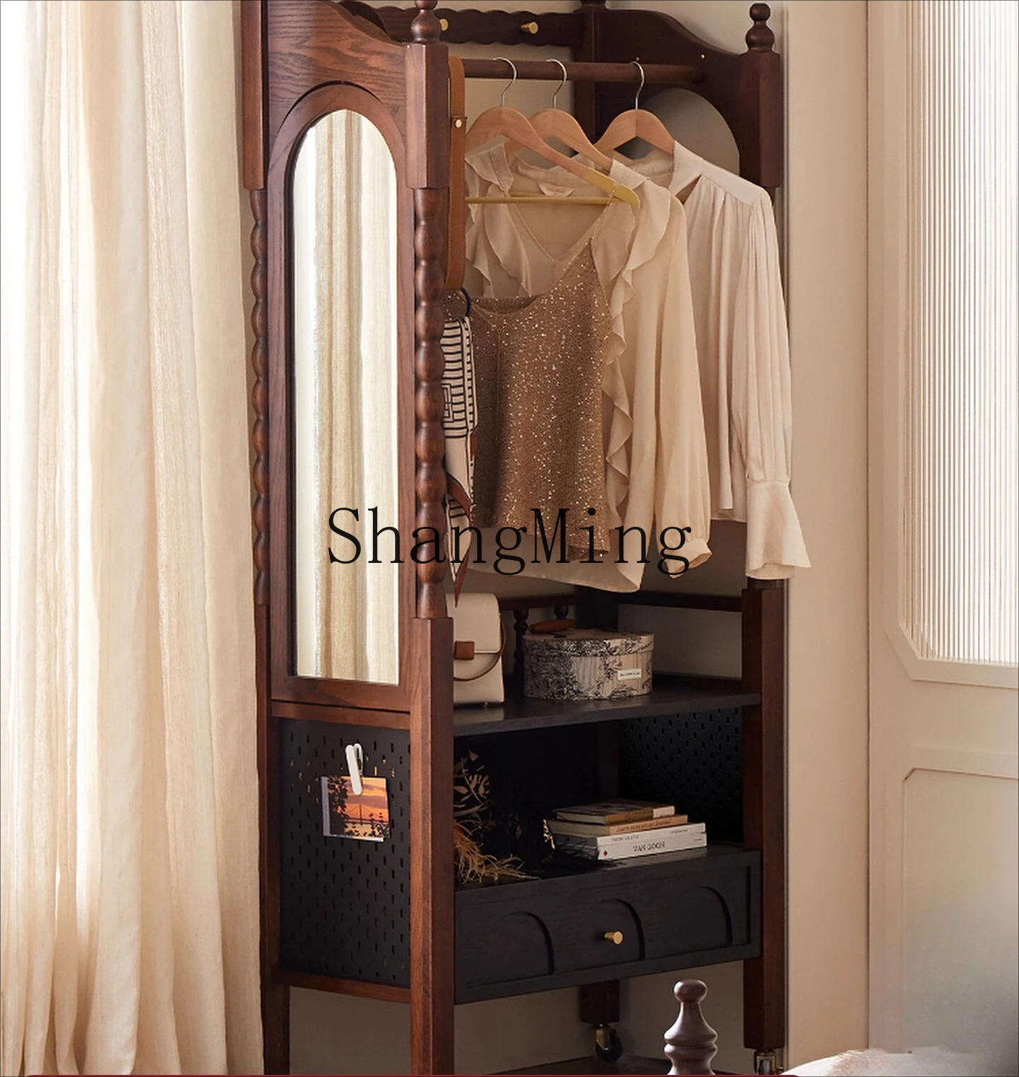 

CL Mobile Coat Rack Solid Wood Floor Hanging Hanger Bedroom Clothes Storage Rack Open Storage