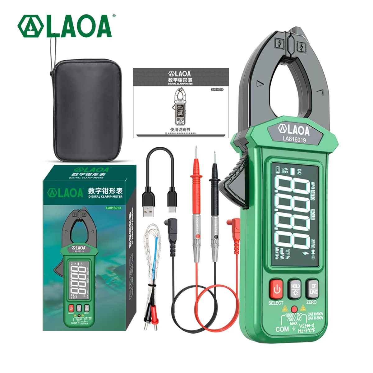 LAOA Digital Clamp Meter 6000 Counts TRMS NCV 32mm Jaw USB Rechargeable AC/DC Voltage Current Capacitance Temp Tester