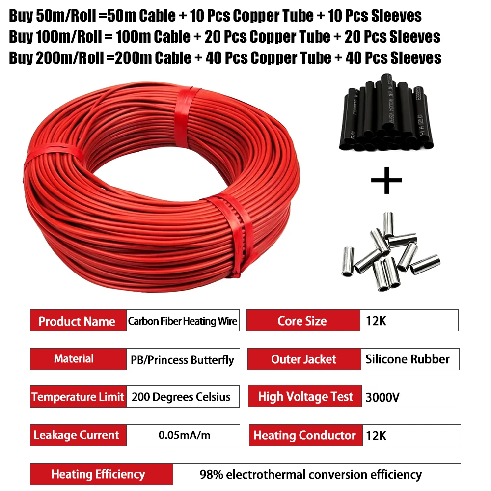 Cabo de piso quente infravermelho, 5-100 metros, 12k, 33ohm/m, bobina de fio de aquecimento de carbono elétrico, fio de fibra de 3.0mm, espessamento