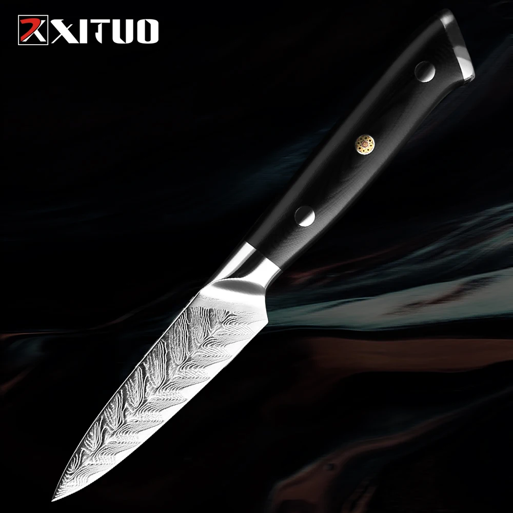 

3.5Inch Paring Knife Japanese Damascus Steel Fruit Knife Kitchen Peeling Knife Carving Knife Black G10 Triple Spike Handle