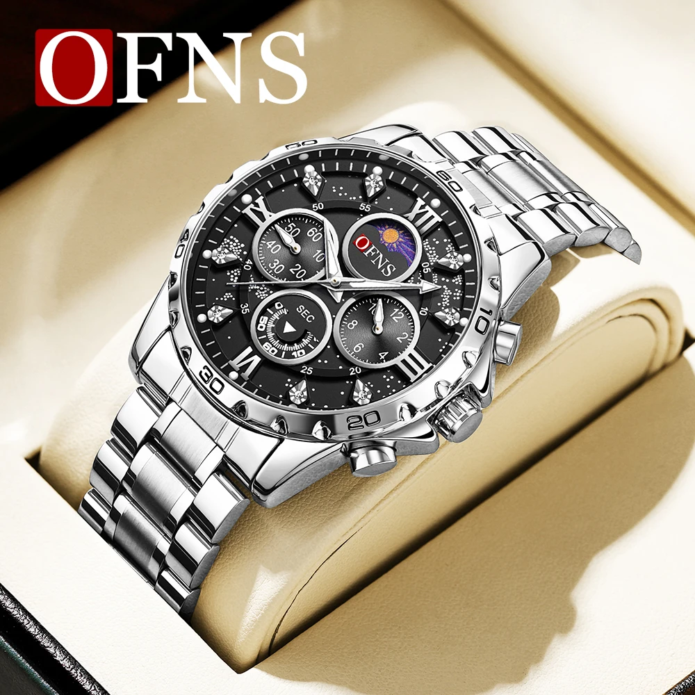 

OFNS Brand 1523 New Fashionable Men's Steel Band Six Needle Quartz Watch Simple Night Glow Waterproof Men's Watch 2024