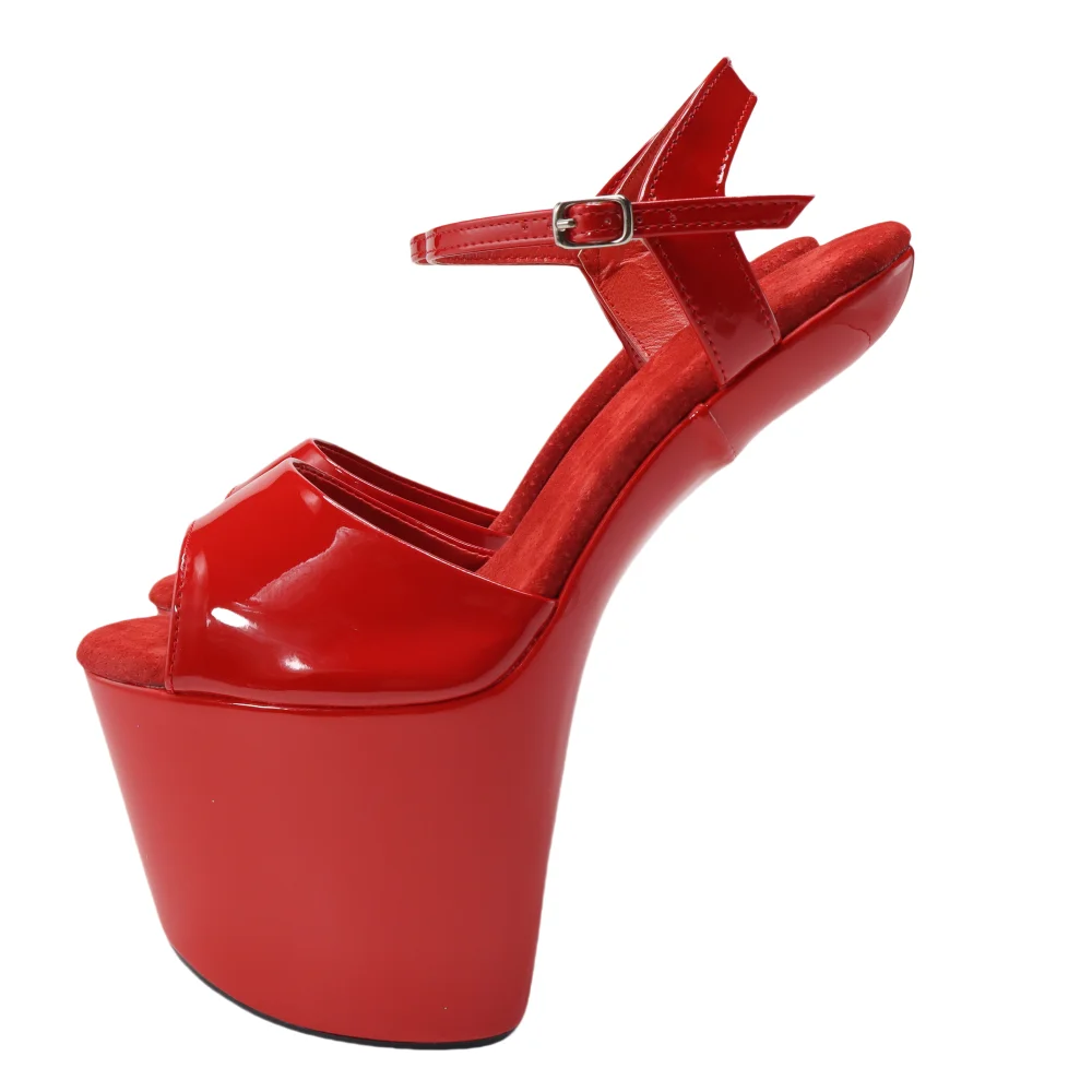 

​20CM Heelless Wedge Sandals Red, Patent Leather T-Strap Platform Shoes, Extreme Height Performance Heels​