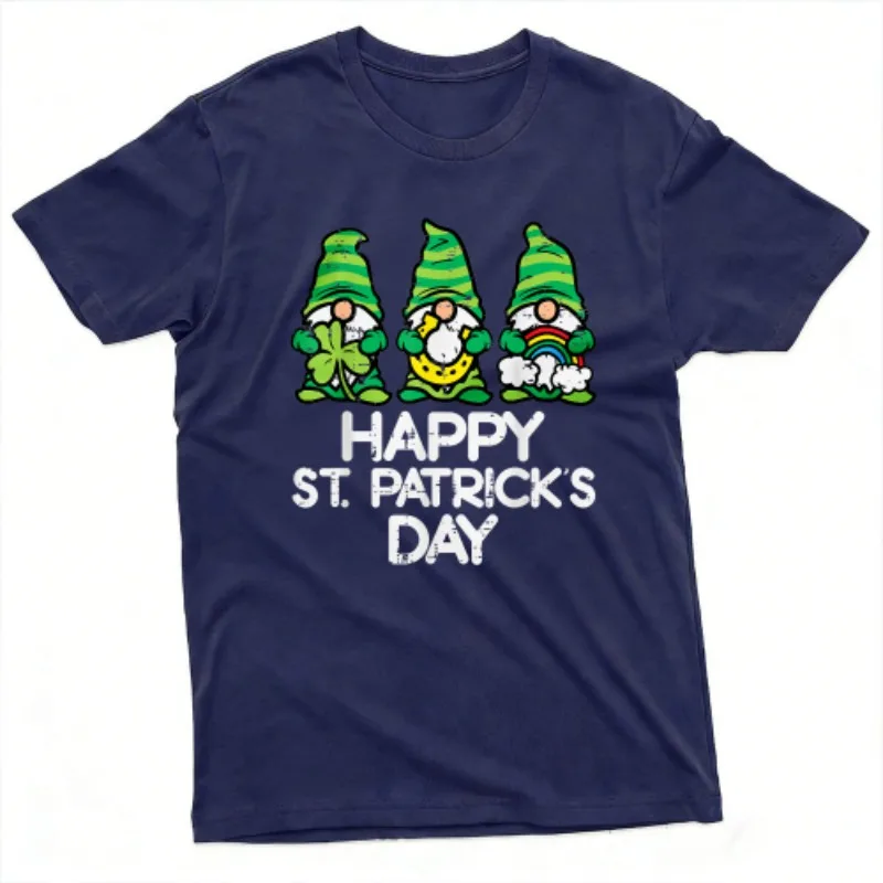 Gnomes and Clover Happy St Patricks Day Men T-Shirt Casual Funny Design for Saint Patrick's Day Celebration Gift for Him Shirt