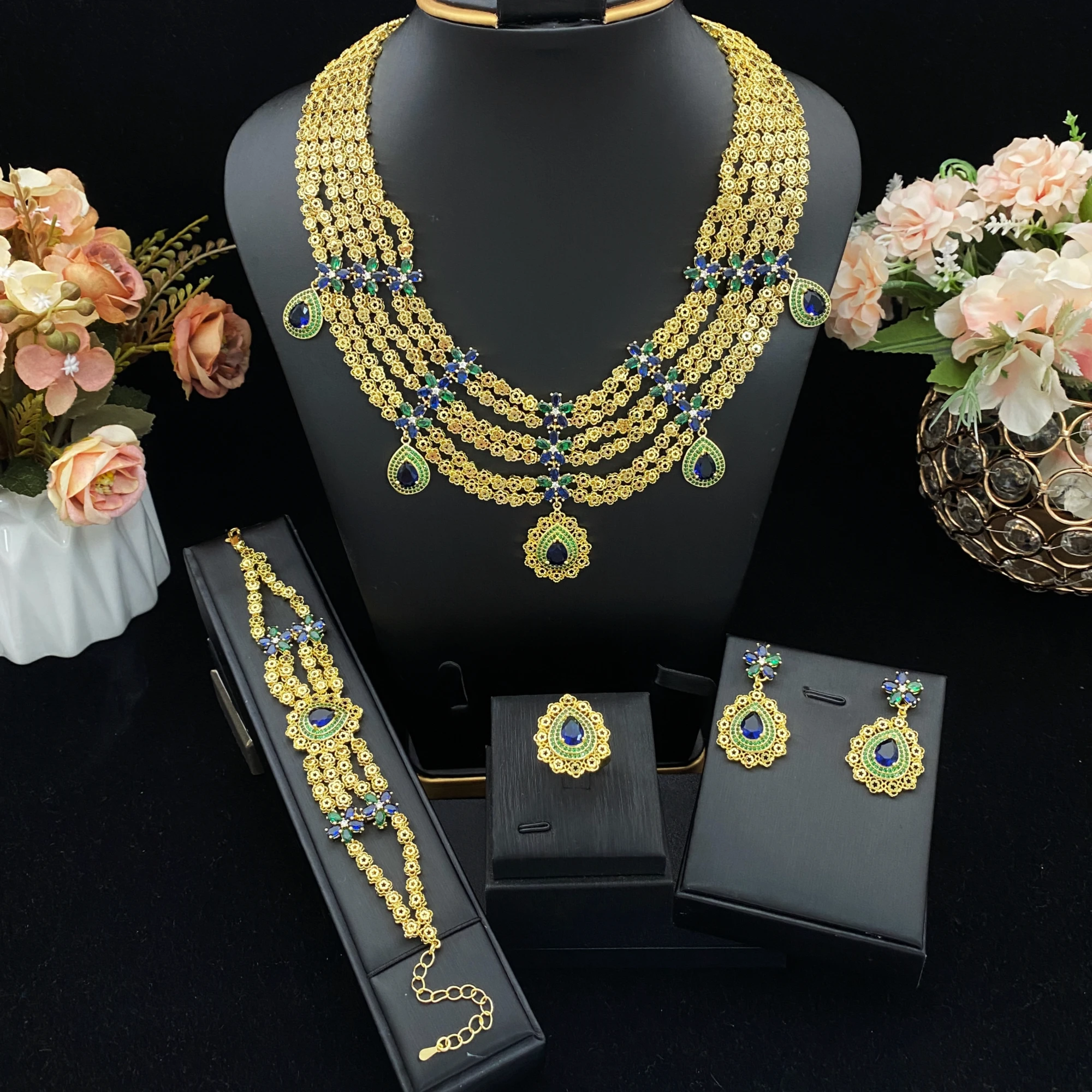 JRH 4Pcs Gold Plated Zircon Women Jewelry Set Multiple layers Necklace Bracelet Earrings Ring Exquisite Perfect Holiday Gift