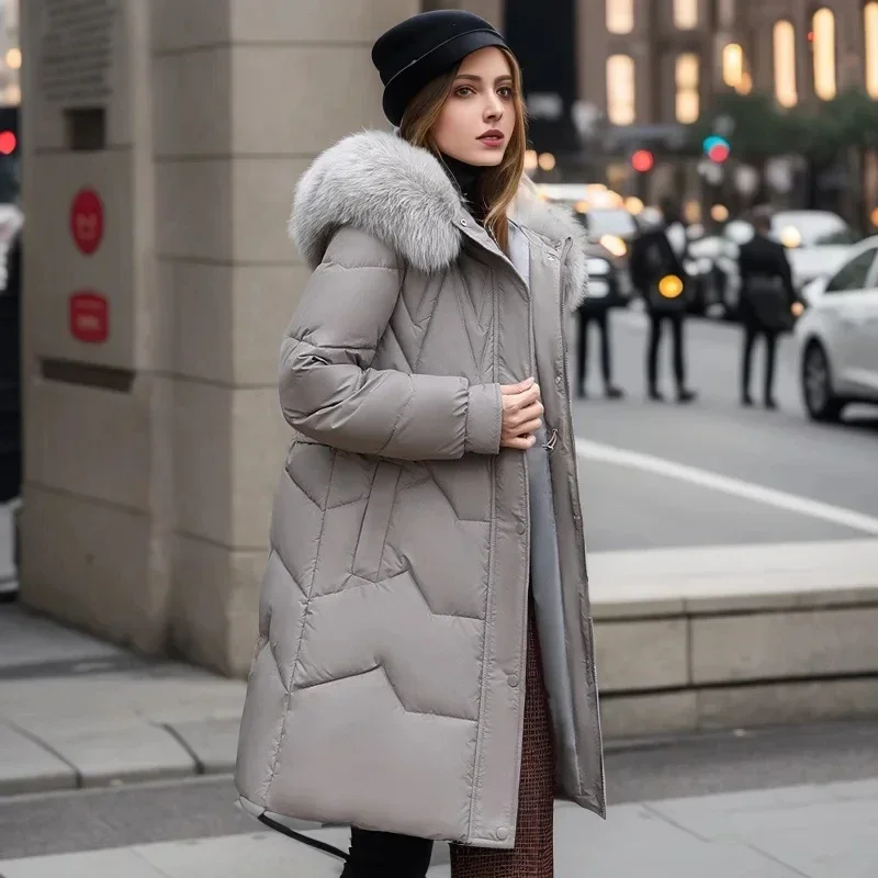 Pop Pop 2025 Mode Effen Lange Parka's Met Capuchon Trekkoord Losse Casual Winterjassen Dames Capuchon Bontkraag Dons Katoen Uitloper