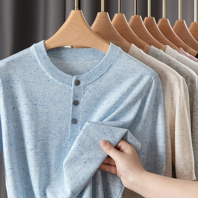 Wool Thin Buttons Knitwear for Men Spring Summer Trendy Henry Collar Jumper Short Sleeve Breathable Linen Knitting  T-shirts