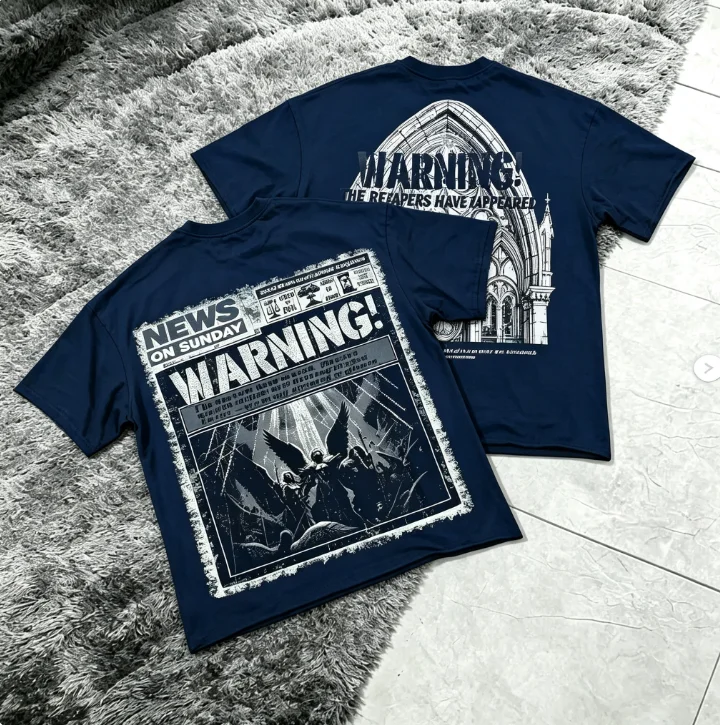 2026 Men Vintage Newspaper Warning Graphic T Shirt Gothic Cathedral Angel Back Print Crewneck Tee
