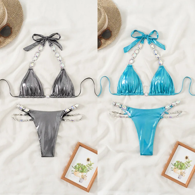 

2024 New Bikini Swimsuit European and American Solid Color Swimsuit with Diamonds