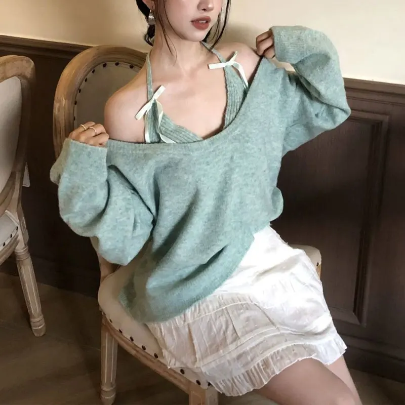 

Two Piece Set Stylish Bow Halter Pullovers Knitted Female Clothing Solid Color Autumn Winter Loose Casual Long Sleeve Sweaters