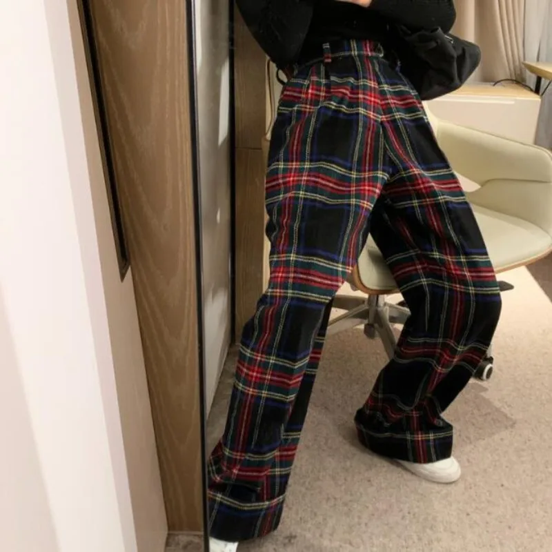 High Waist Women\'s Plaid Pants Streetwear Oversize Wide Leg thicken Woolen Trousers Korean Hip Pop Streetwear Retro Sweatpants