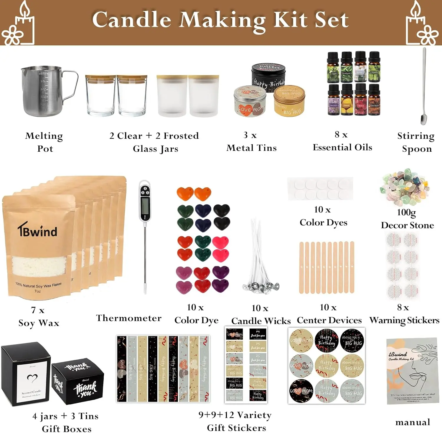 Candle Making Kit, Soy Candle Making Supplies DIY Candle Craft Tools for Adults, Beginners with 8 Pleasant Scents, Melting Pot, Wicks, Wax, Dyes & More - DIY Starter Candle Making Kit