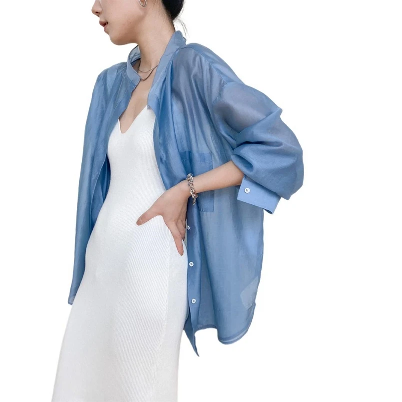 

French Elegant Women Summer Shirts Solid Lyocell Thin Coat 2024 Graceful Oversize Blouse Long Sleeve Stand Collar Cardigan