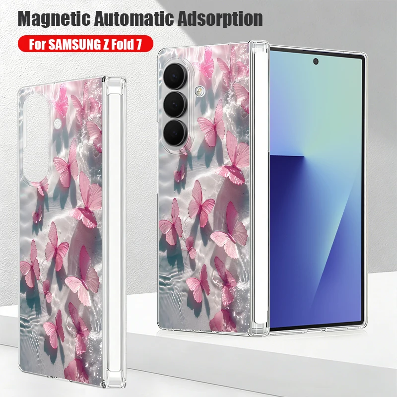 Magnetic Auto Adsorption Phone Case For Samsung Galaxy Z Fold 8 Ultra 7 6 5 Fold7 Fold6 5G Pink Butterfly Clear Hard Back Cover