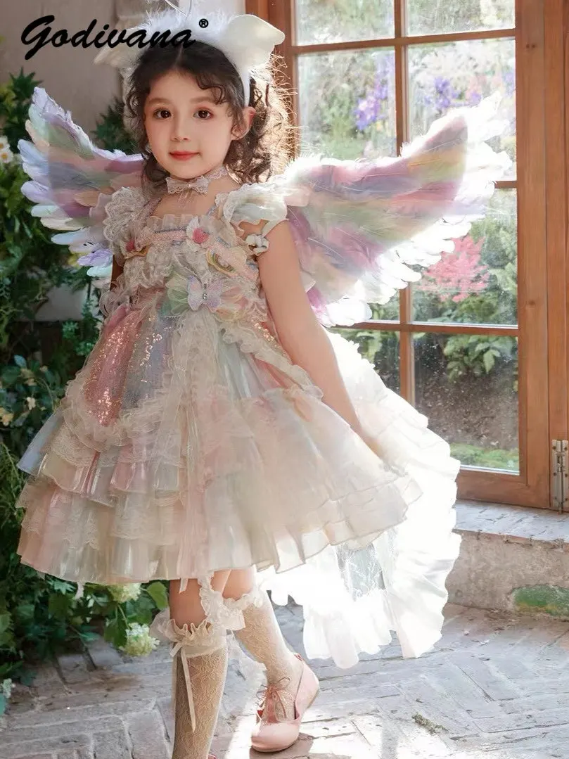 Sweet Baby Girls Dopamine Cosplay Princess Lolita Dress 2026 Summer New Kids Tulle Birthday Party Ball Gown with Mermaid Wings