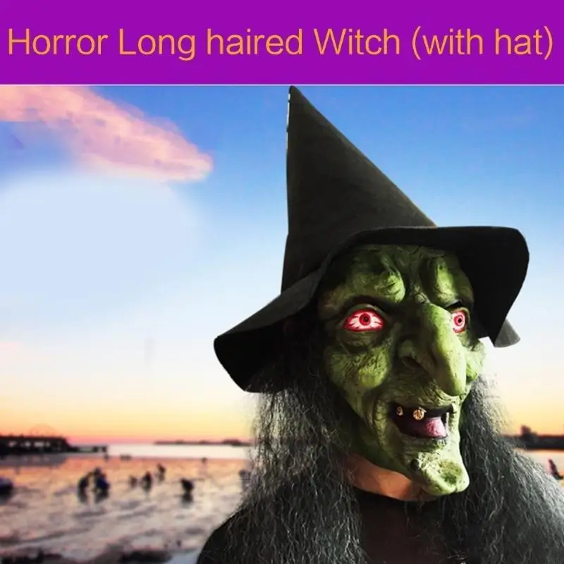 B95F Maschera da strega vecchia Maschera verde Maschera Halloween Maschera inquietante Maschera horror spaventoso Costume con