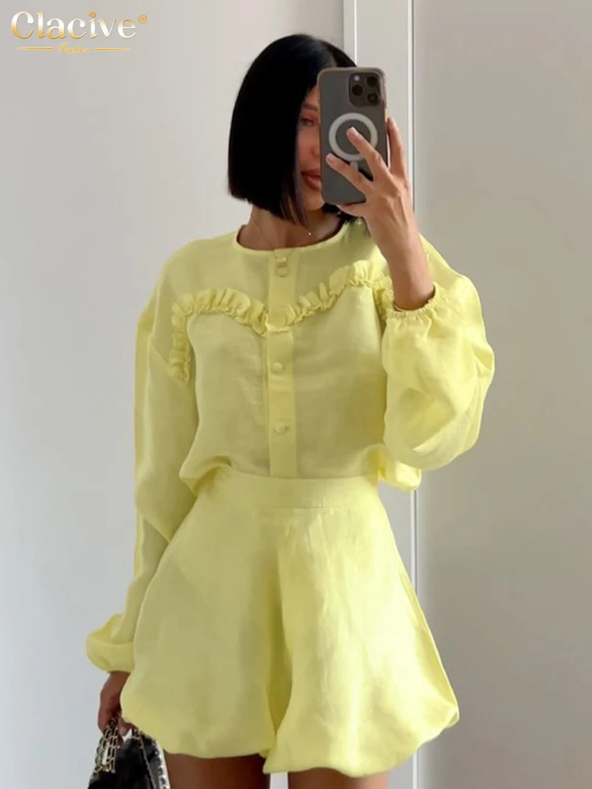 Clacive Fashion Loose Yellow Shorts Sets For Women 2 Pieces 2024 Elegant Long Sleeve Shirt With High Waist Shorts Set Female