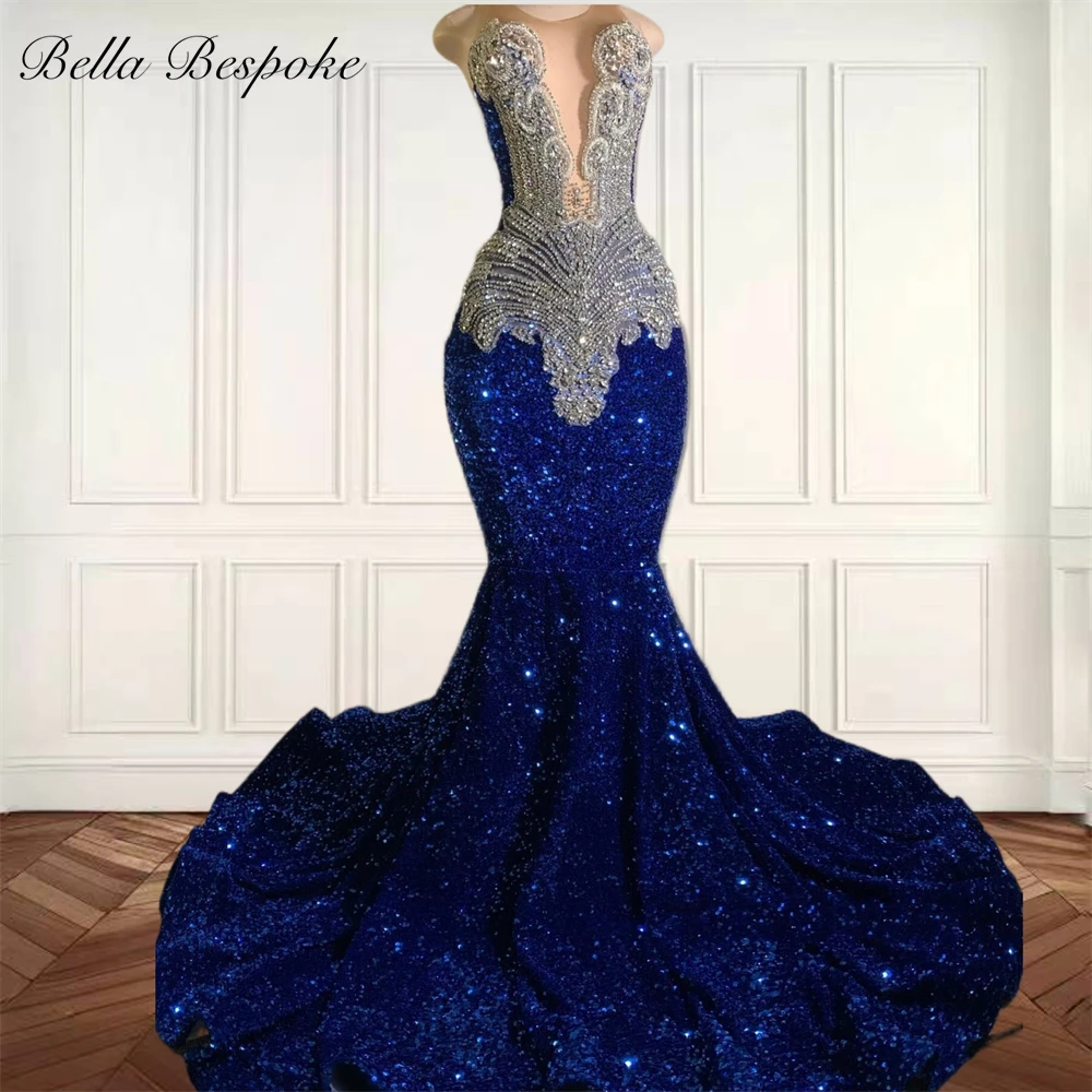 Abiti da ballo lunghi in cristallo con perline di cristallo con scollo a O blu royal per ragazza nera con paillettes 2025, abito di lusso per compleanno, abito formale a sirena personalizzato