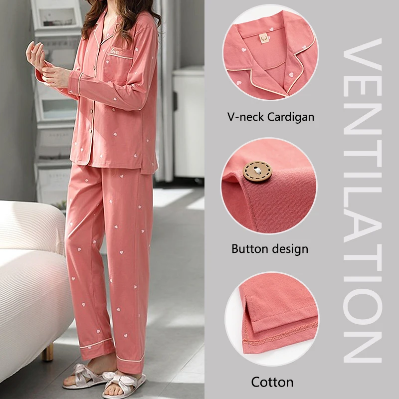 High Quality Large Size Women Cotton Pajamas Button down Tops and Trousers Set Sleepwear Homewear Printing Nightwear Loungewear