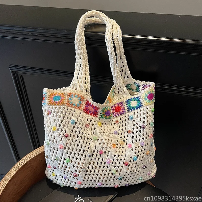 

Women's Lightweight Crochet Shoulder Tote Bag Slouchy Bohemian Beaded Sunflower Summer Vacation Daily