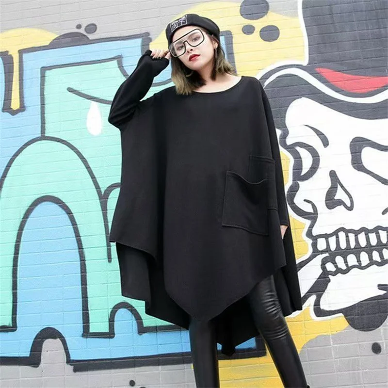 

2025 пуловер больших размеров, женские весенне-осенние черные топы, новая модная рубашка с карманами и нерегулярным низом, свободная футболка с длинными рукавами