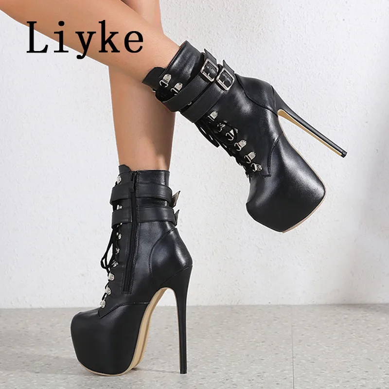 Liyke Autumn Winter Platform Boots For Women Sexy Round Toe Buckle Strap Pole Dance High Heels Pumps Fashion Lace-Up Runway Shoe