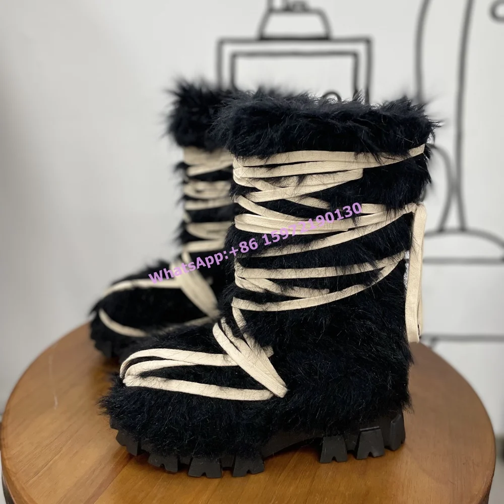 

Black Fur Knee High Boots Cross Tied Round Toe Thick Soled Couples Winter Knee High Shoes Soft Large Size Snow Boots 2025