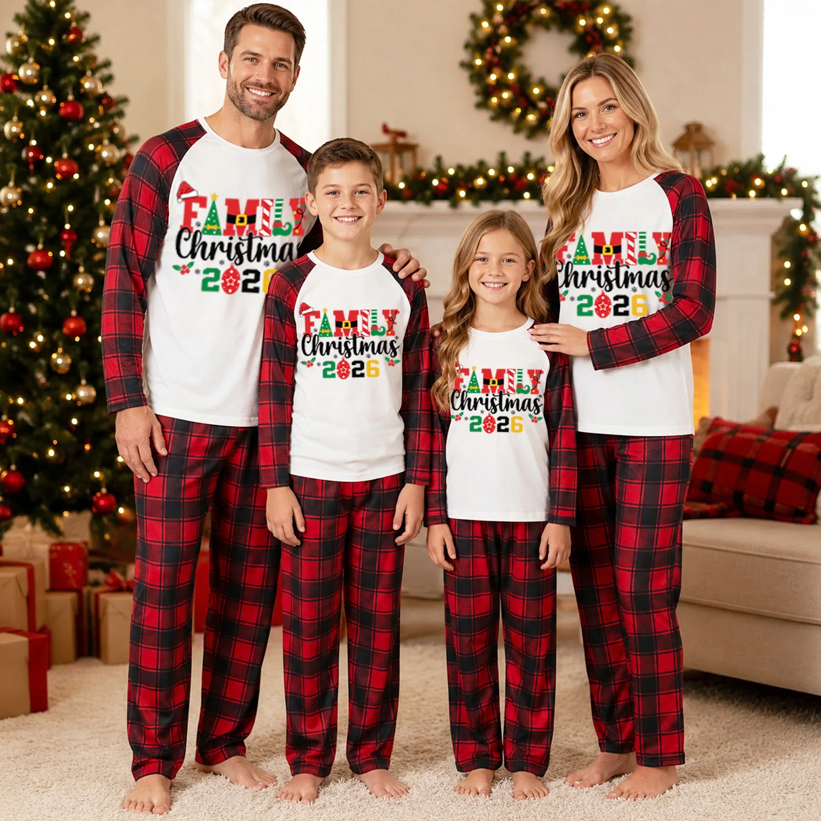 Merry Christmas Letters Print Cute Loose Loungewear Family Matching Pajamas Set 2 Pcs Suit Adults Kids Clothing Xmas Party Look
