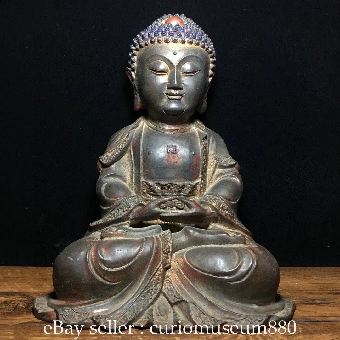 

11.6 inch Old Tibetan Buddhist Bronze Sitting Sakyamuni Amitabha Statue -