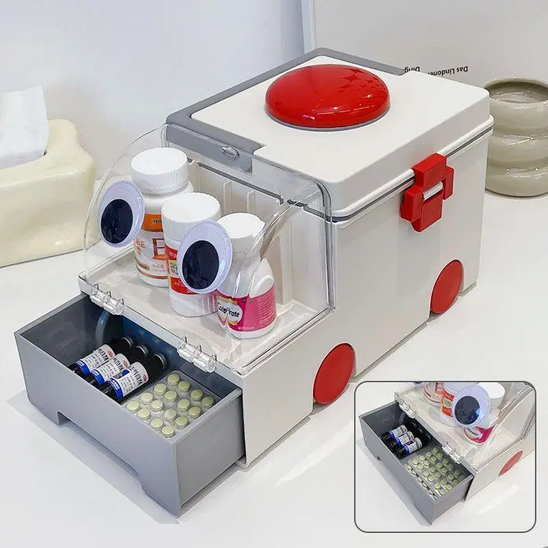 1Pc Home Portable Cartoon Cute Ambulance Shape Medicine Box Large Capacity Children Babies Medicine Drug Storage Box