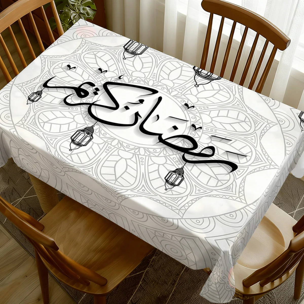 Minimalist black and white Ramadan lantern tablecloth, with a sense of black and white lines.