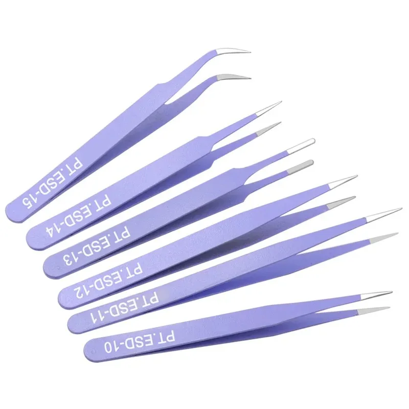 6-teiliges Präzisionspinzetten-Set, ESD, antistatisch, für die Elektronikreparatur, gerade, gebogen, Industriepinzette, Handwerk, Löten, Handwerkzeug – Detail 10