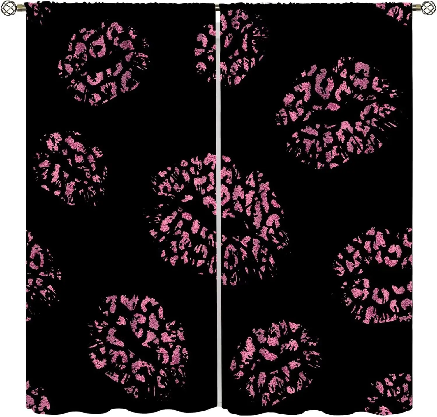 Pink Leopard Lips Fashion Curtain Valentine's Day Sexy Mouth Love Kiss Cheetah Animal Skin on Black Modern Printed Rod Pocket
