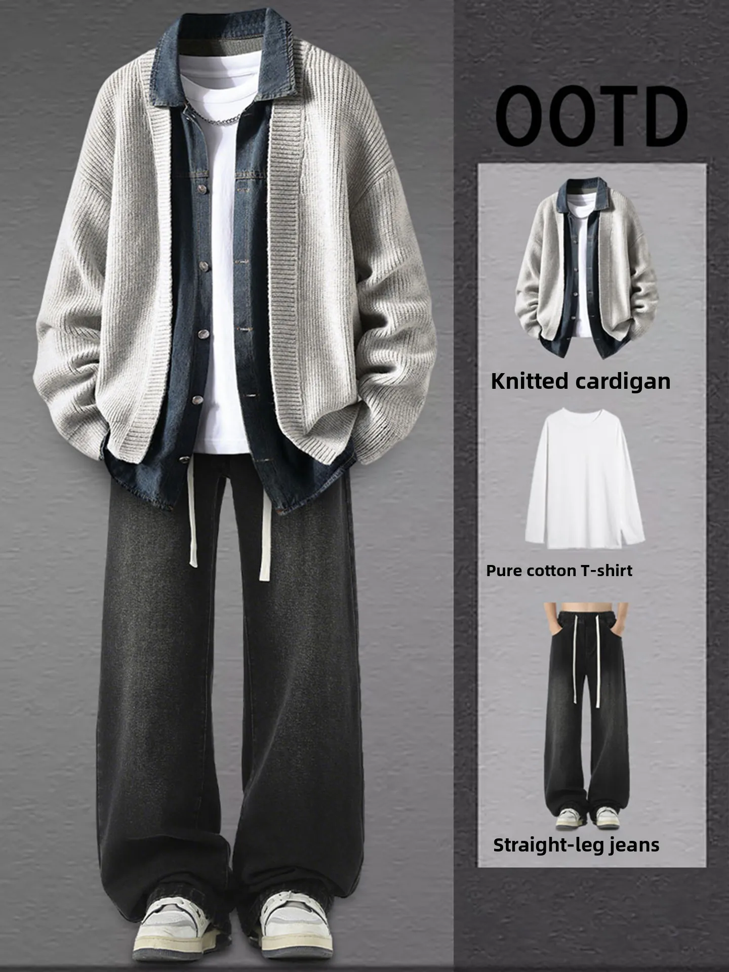 

Мужской джинсовый лоскутный вязаный кардиган Jaet, осенний модный ленивый корейский комплект свитеров, повседневный свободный крой, теплый полиэстер