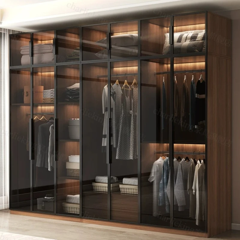 

Wood Tall Glass Door Wardrobe Italian Floor Clothes Storage Closet Organizer Wardrobes Bedroom Display Cabinet Luxury Furniture