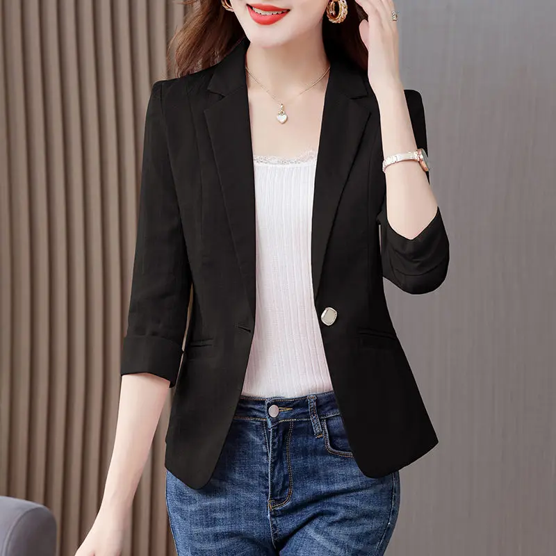 White Casual Lightweight Summer Jacket Women's Small Size Seven Sleeve Suit Top Thin New Style Elegant Fashionable Coat