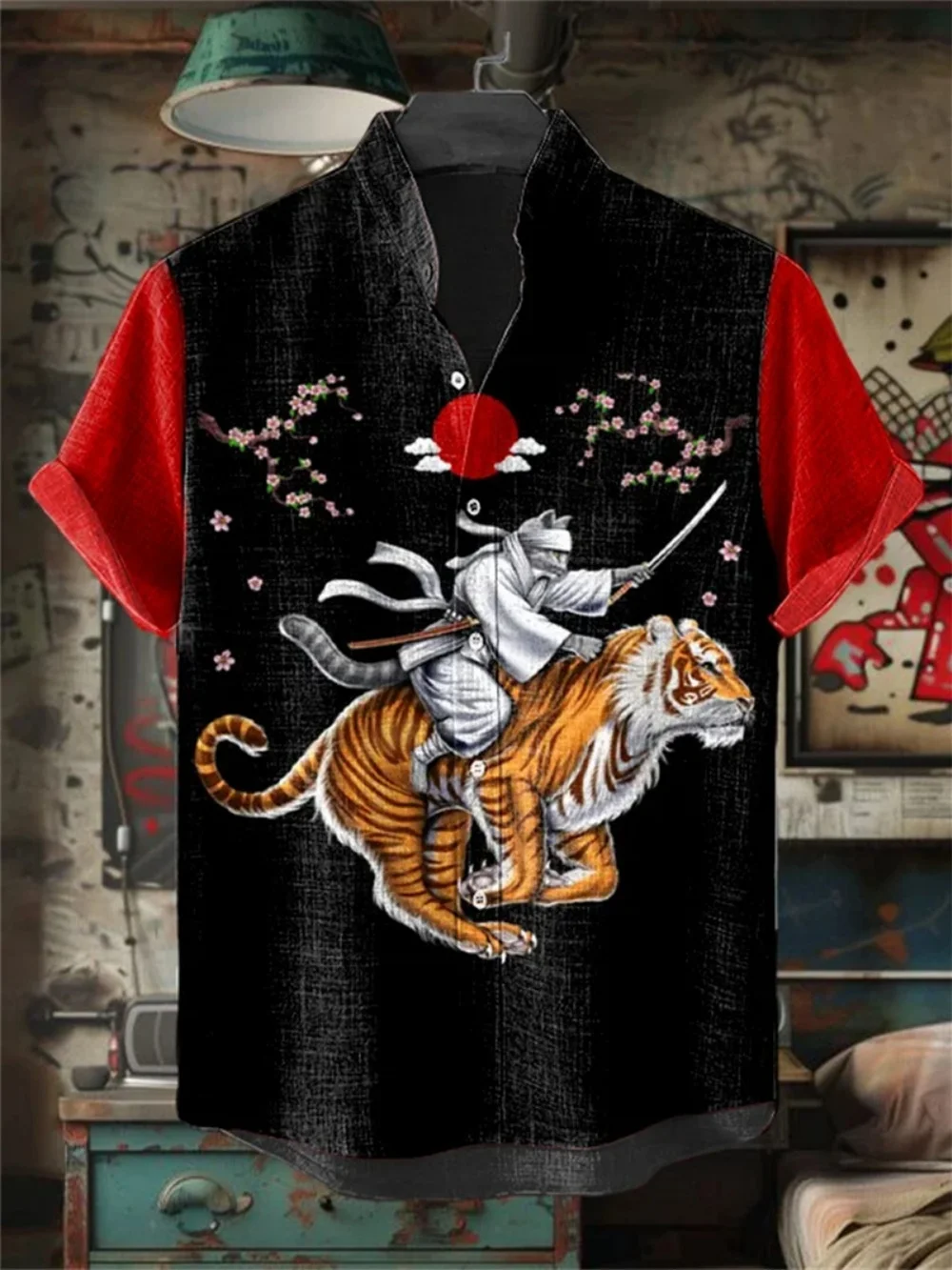 

Japanese retro art printed shirt, short sleeved linen, stand up collar, fashionable Hawaiian casual vacation shirt, high-quality