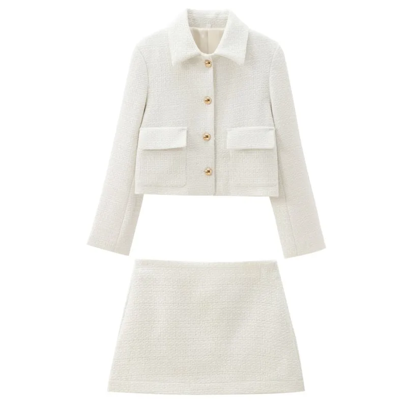 

Осень 2023, новые женские модные комплекты с укороченной юбкой в европейском и американском стиле с зубчатым воротником и длинными рукавами, комплекты курток