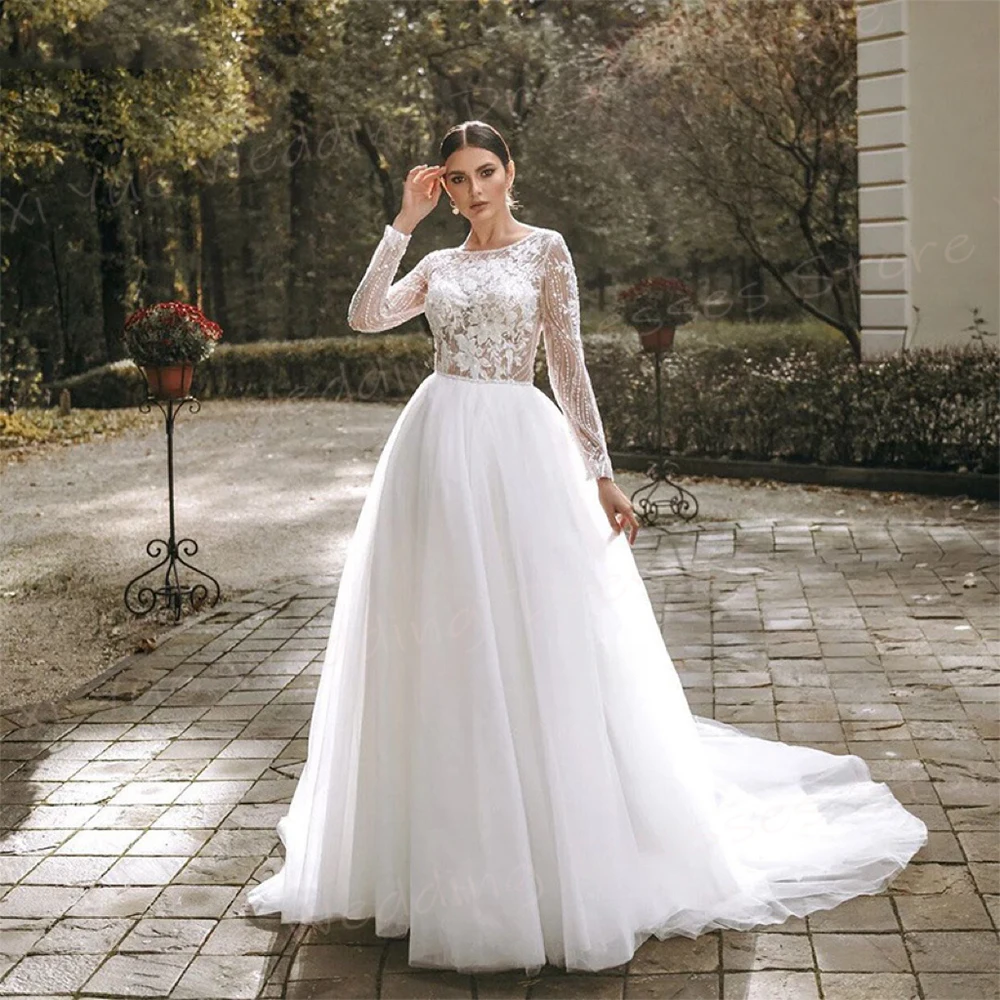 

2025 Exquisite A Line Wedding Dresses Charming Appliques Lace Bride Gowns O Neck Long Sleeve For Women Vestidos De Novia Boda